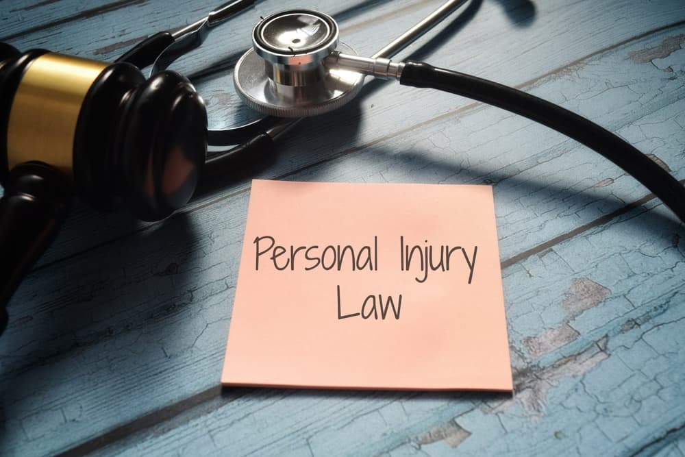 The phrase "Personal Injury Law" displayed alongside a stethoscope and a gavel.