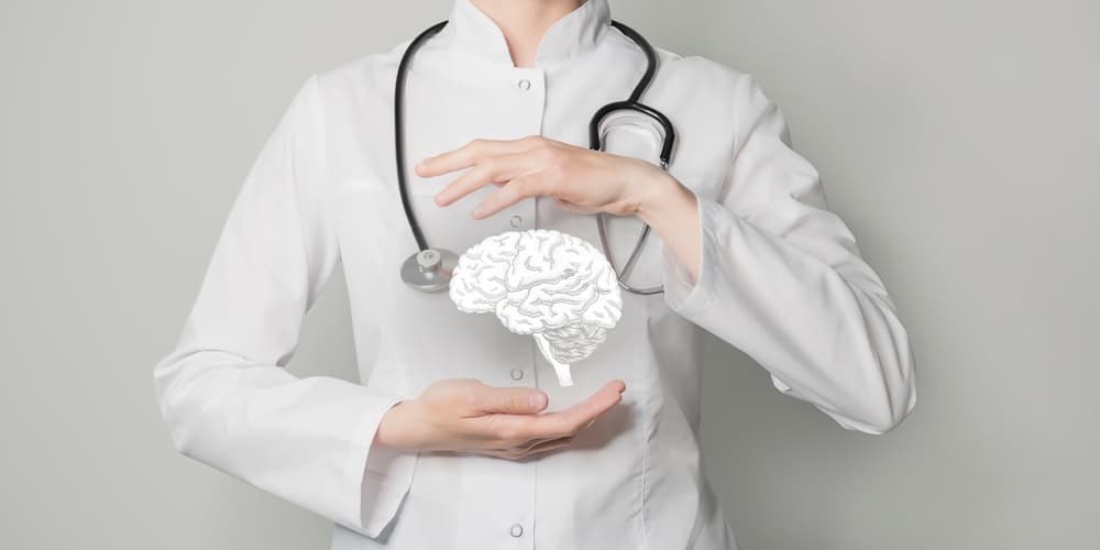 Brain issues medical concept. Photo of female doctor, empty space.
