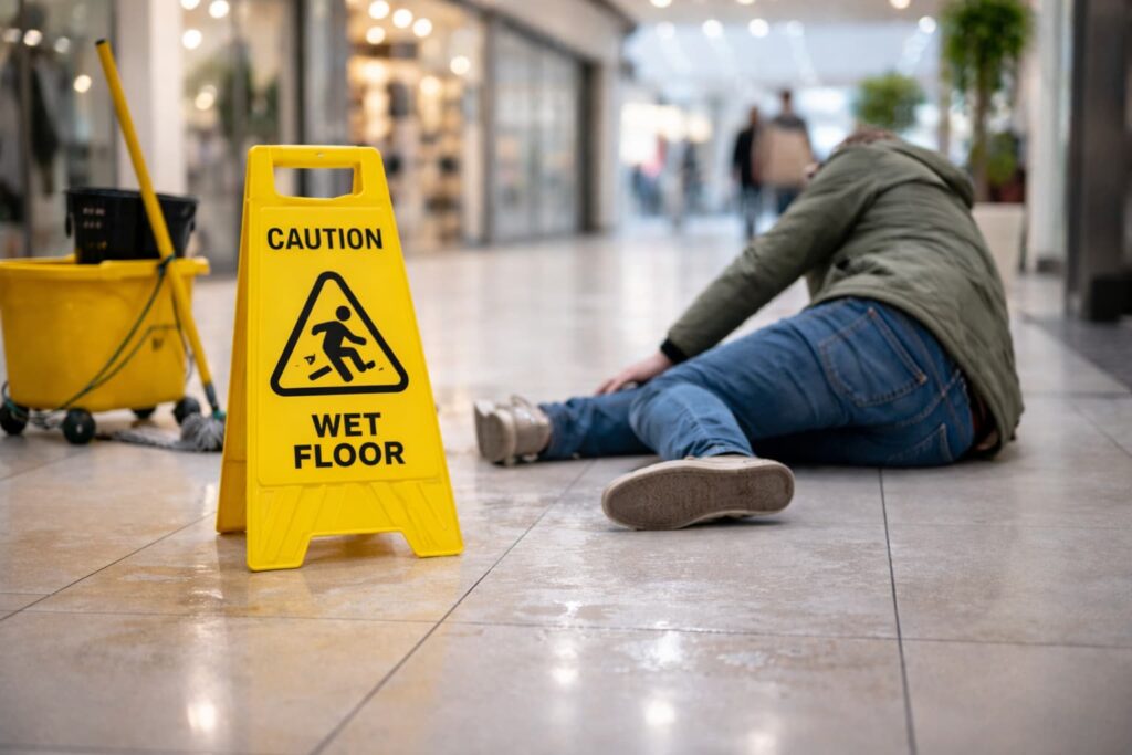 Slip and Fall Accident at Riverhead Shopping Center – Wet Floor Hazard Person slipped on wet floor inside Riverhead shopping center near caution wet floor sign and cleaning equipment