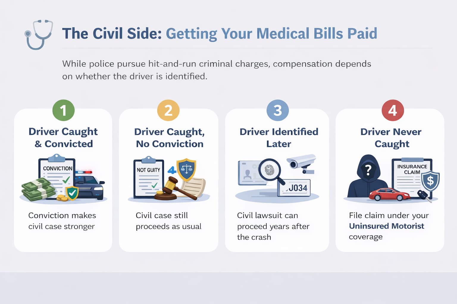 Civil Hit-and-Run Compensation Scenarios and Insurance Options Explained Civil hit and run compensation scenarios infographic showing driver caught convicted, not convicted, identified later, and uninsured motorist claim options