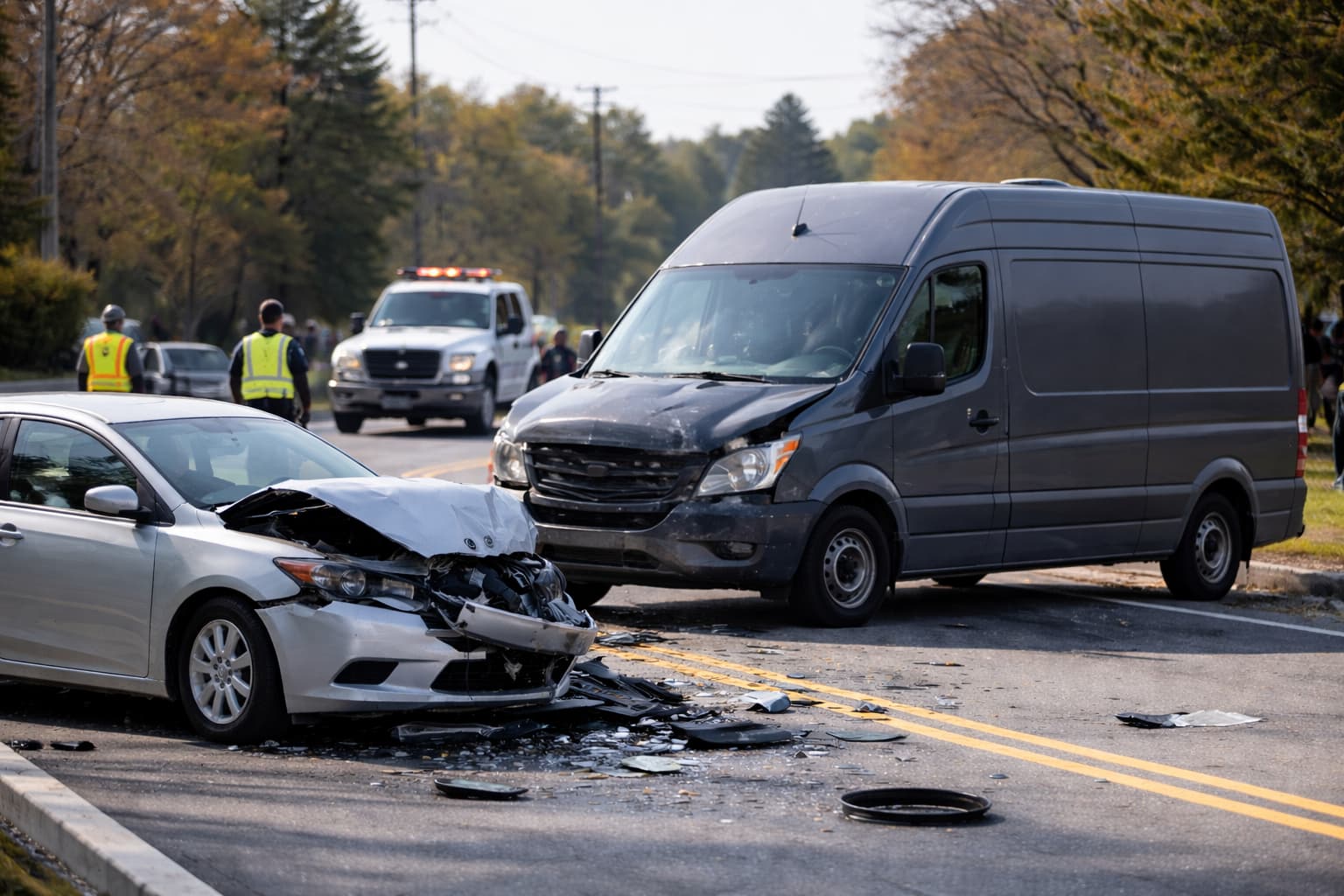 Commercial delivery van accident on suburban road with heavily damaged passenger car in foreground and minor front-end damage to van.