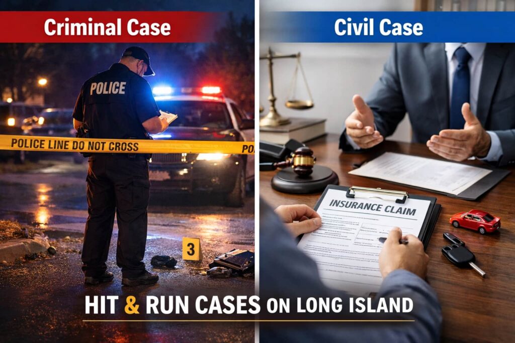 Criminal vs Civil Hit-and-Run Cases on Long Island Explained Criminal vs civil hit and run cases on Long Island showing police investigation scene and insurance claim legal consultation