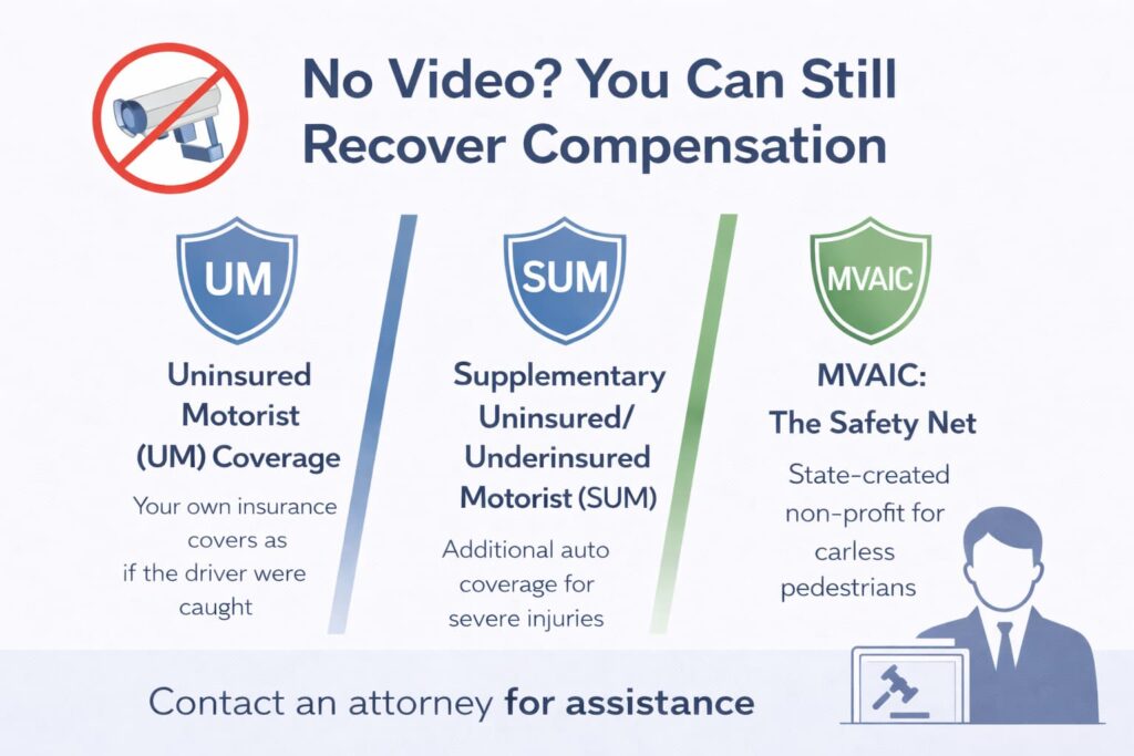 Hit-and-Run Compensation Options Without Video Evidence Infographic Infographic showing uninsured motorist, underinsured coverage, and MVAIC options for hit-and-run compensation without video evidence