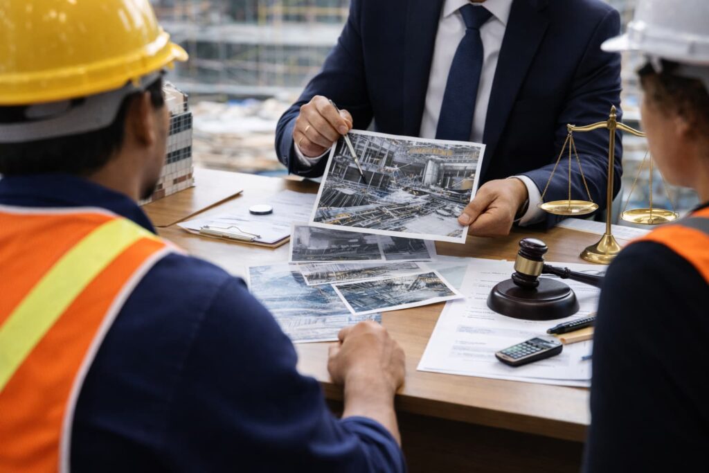 NY Labor Law 240 Scaffold Accident Lawyer Investigating Construction Claim Construction accident attorney reviewing scaffold accident evidence with workers, gavel and scales of justice on desk for NY Labor Law 240 claim