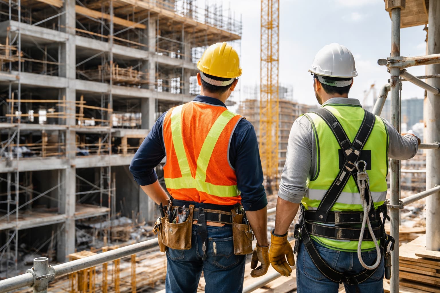 Construction workers wearing safety harnesses inspecting scaffolding at a Long Island job site under NY Labor Law 240 protections