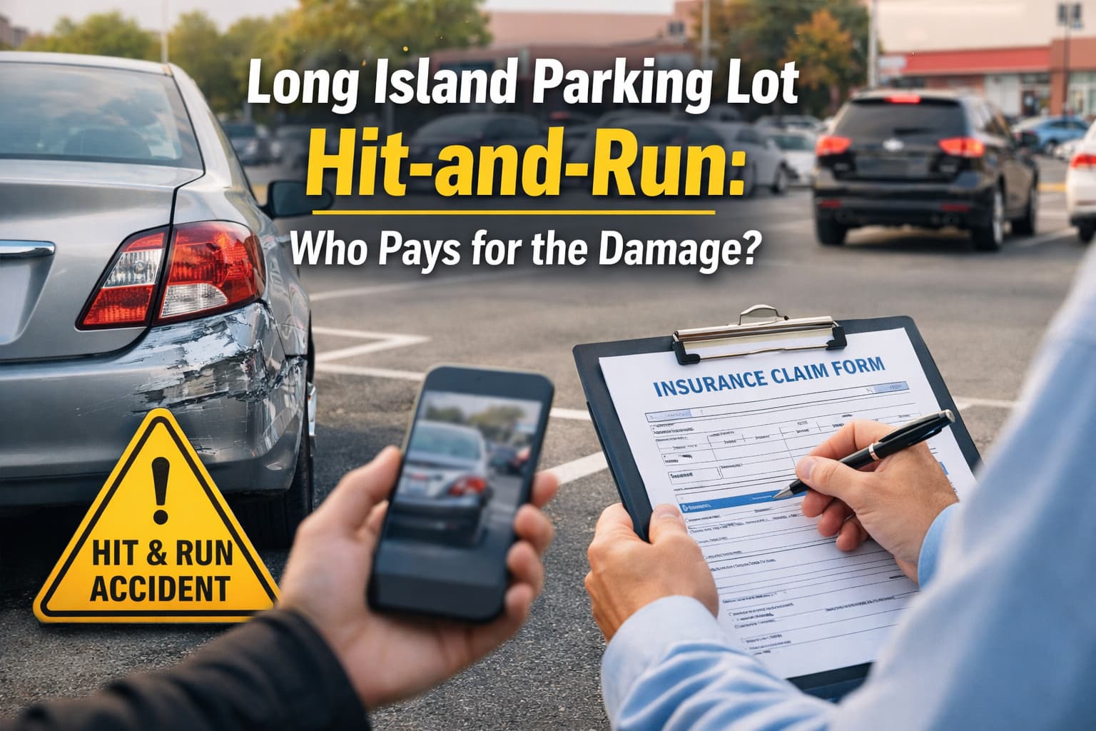 Long Island parking lot hit-and-run accident scene with damaged car and driver documenting insurance claim for vehicle damage