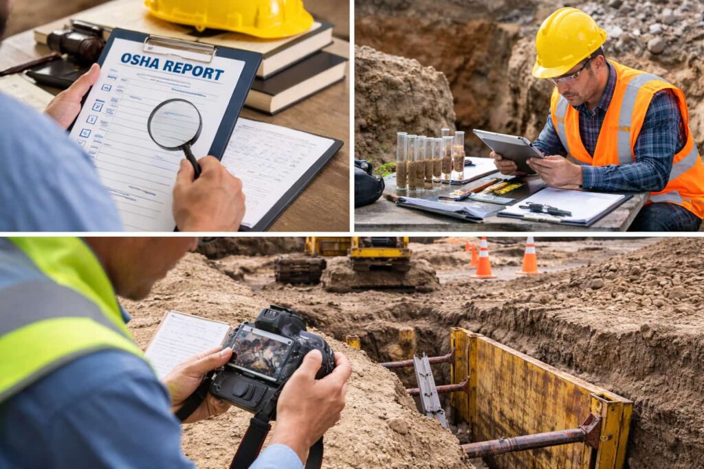 Investigating Trench Collapse Negligence with OSHA Reports and Site Evidence Construction site investigation showing OSHA report review, soil analysis, and trench inspection to prove contractor negligence